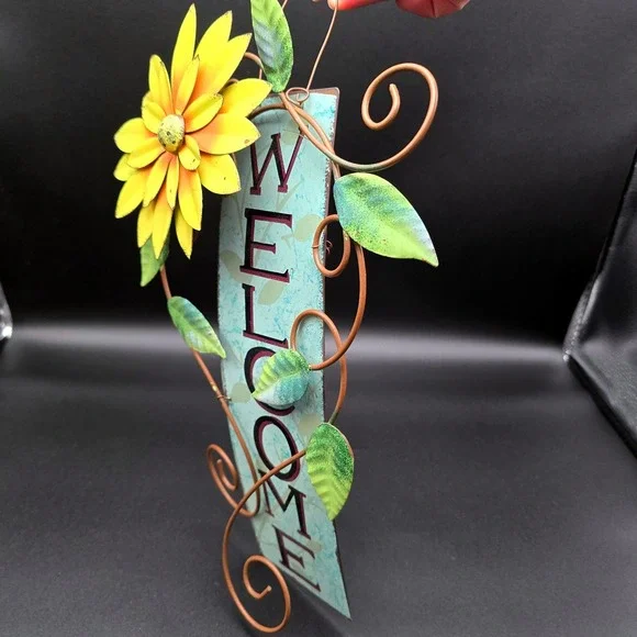 Rustic Metal Sunflower Welcome Sign Vertical Wall Hanging Decor Blue/Teal - Picture 4 of 11